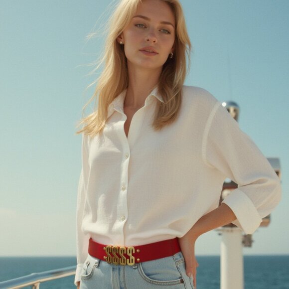 Women Red Color Elastic Waistband Skinny Belt Gold Dollar Sign $$$ Size S M z007 - Picture 4 of 16